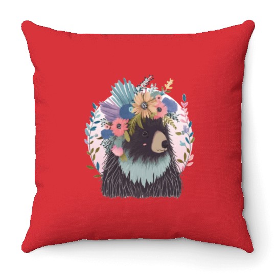 Cute Porcupine Flower Crown Watercolor Floral Throw Pillows