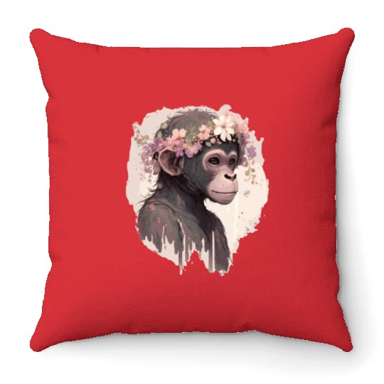 Artistic Watercolor Monkey Flower Crown Floral Ani Throw Pillows