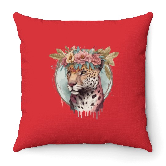 Flower Crown Jaguar Floral Animal Lovers Throw Pillows