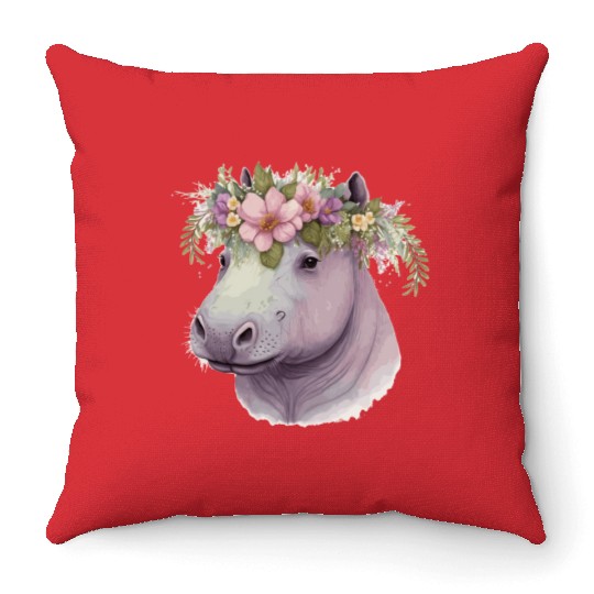 Watercolor Hippotamus Flower Crown Floral Pastel A Throw Pillows