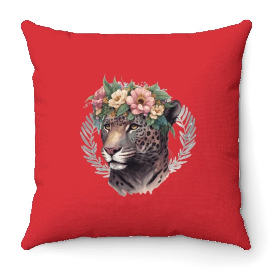 Watercolor Jaguar Flower Crown Wild Cat Lover Throw Pillows