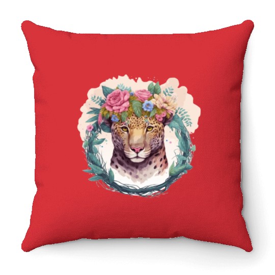 Jaguar Flower Crown Floral Watercolor Throw Pillows