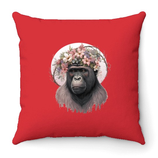 Floral Gorilla Flower Crown Monkey Lover Throw Pillows