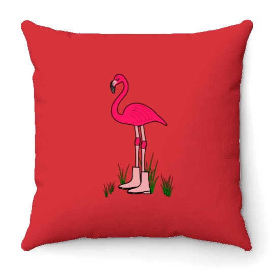 Flamingo with boots art animal print bird pink Throw Pillows