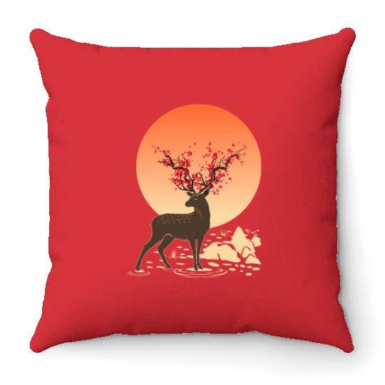Sakura Deer Spirit Sika Deer Spirit Oriental Throw Pillows