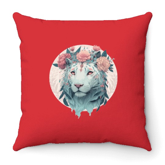 White Bengal Tiger Flower Crown Watercolor Safari Throw Pillows