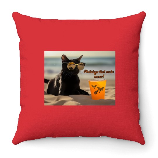 beach, kitten and drink. Holidays that make meow Throw Pillows