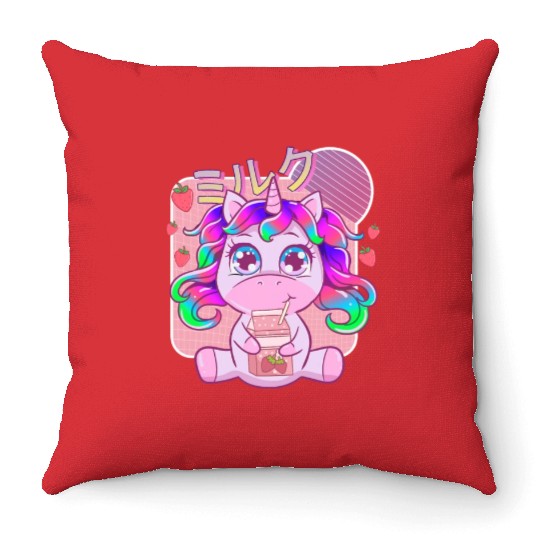Funny Kawaii Unicorn Strawberry Milk Shake Throw Pillows