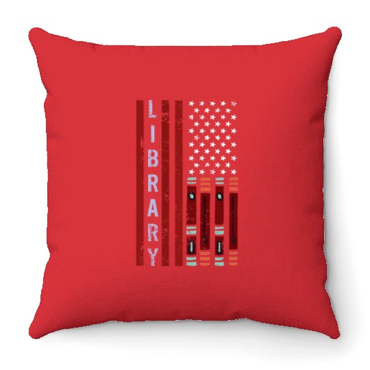 School Library Funny for Librarian Patriotic US Fl Throw Pillows