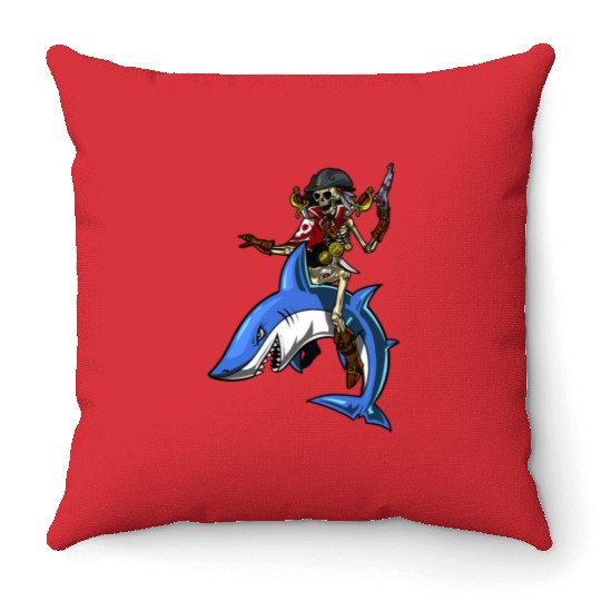 Skeleton Pirate Sailor Riding Shark Ocean Fantasy Throw Pillows
