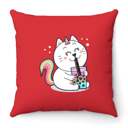 Bubble Tea Cute Kawaii Unicorn Cat Japanese Throw Pillows