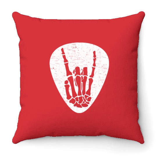 Cool Rock And Roll Skeleton Hand On A Guitar Pick Throw Pillows