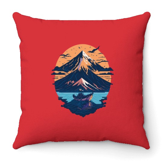Serene Mount Fuji Sunset Peaceful River Scenery Throw Pillows