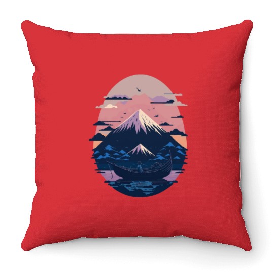 Serene Mount Fuji Sunset Peaceful River Scenery Throw Pillows