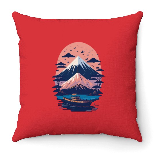 Serene Mount Fuji Sunset Peaceful River Scenery Throw Pillows