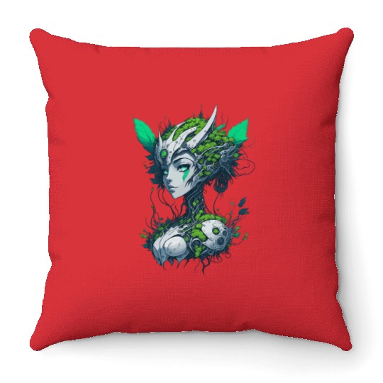 Nymph Girl, SciFi Fantasy Anime Cyberpunk Dryad Throw Pillows