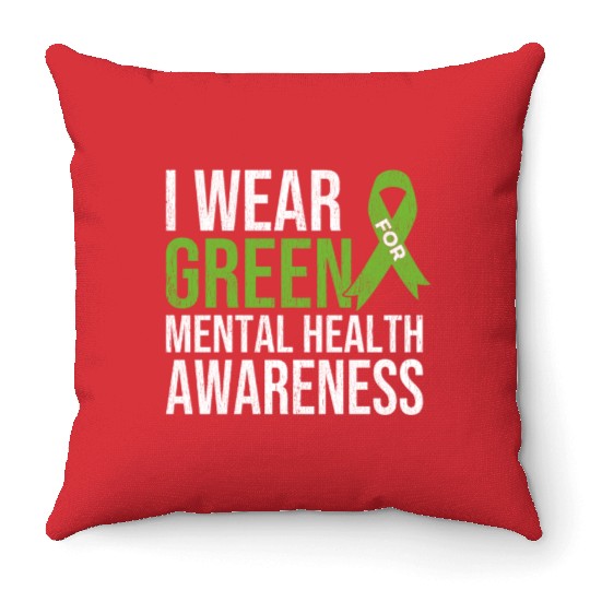 Green Ribbon Mental Health & Depression Awareness Throw Pillows