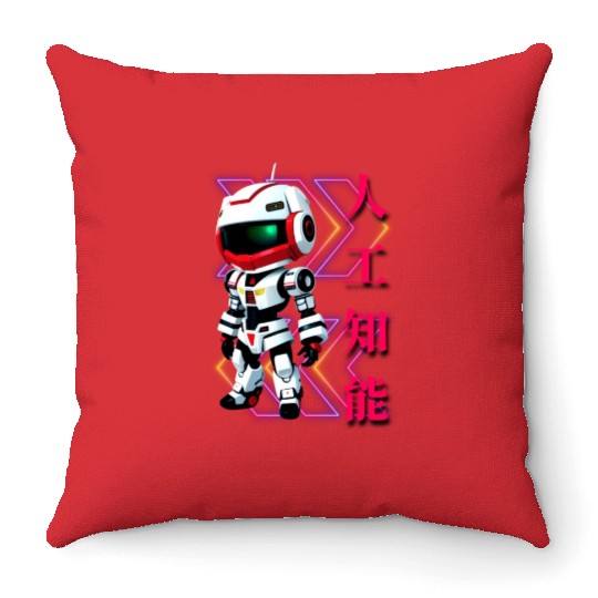 Chibi Mecha: A Cute Cyberpunk Design 4 Throw Pillows