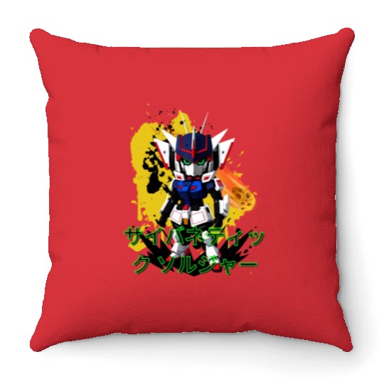 Chibi Mecha: A Cute Cyberpunk Design 9 Throw Pillows