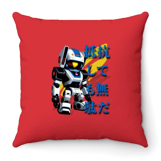 Chibi Mecha: A Cute Cyberpunk Design 5 Throw Pillows
