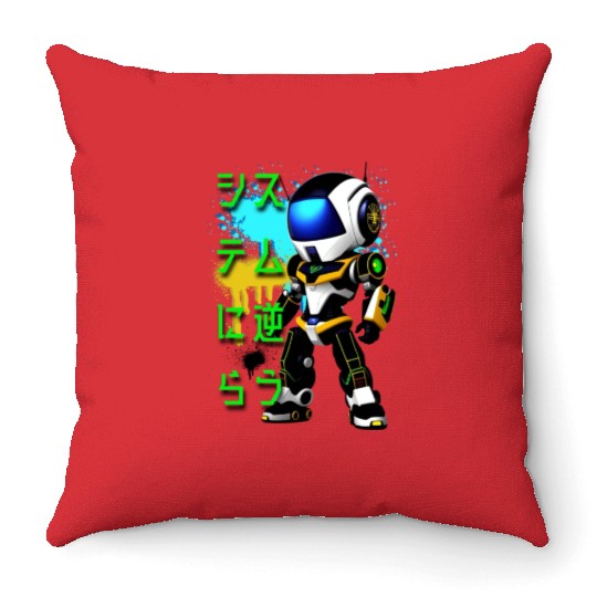 Chibi Mecha: A Cute Cyberpunk Design 6 Throw Pillows