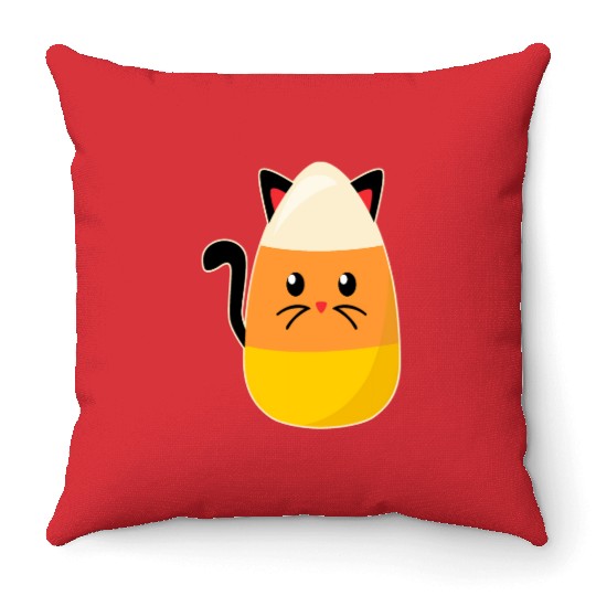 Candy Corn Cat Halloween Throw Pillows