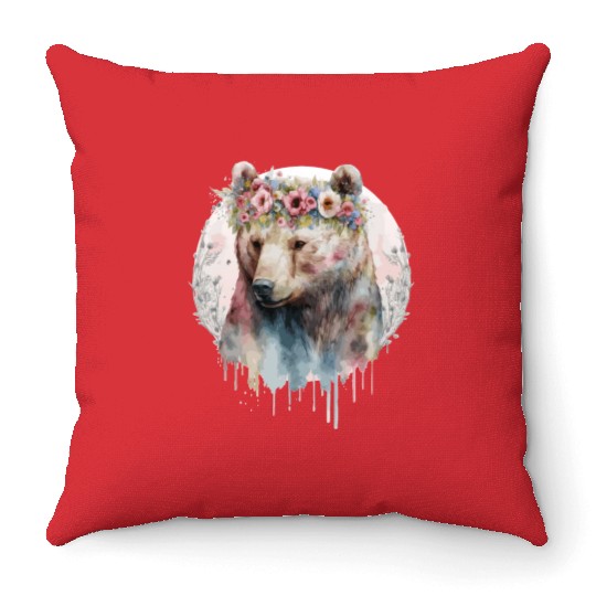 Artistic Watercolor Grizzly Bear Flower Crown Boho Throw Pillows