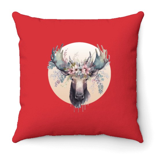 Cute Moose Flower Crown Animal Lovers Throw Pillows