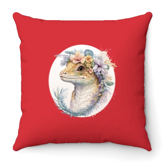 Watercolor Gecko Reptile Flower Crown Floral Amphi Throw Pillows
