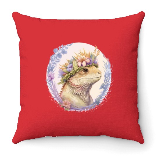 Floral Bearded Dragon Flower Crown Pet Lizard Love Throw Pillows