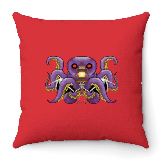 Scary sea monster and spooky bat Throw Pillows