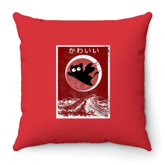 Kawaii Cat Japanese Black Anime Cat Throw Pillows