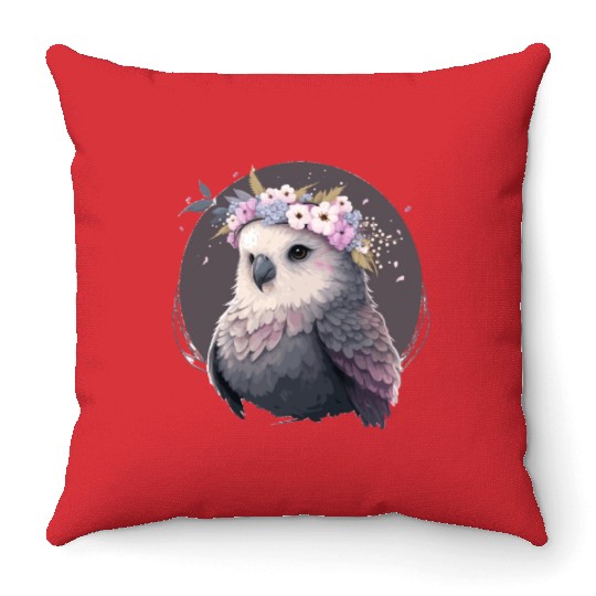 Cute Gray Budgie Parakeet Bird Flower Crown Pet Bi Throw Pillows