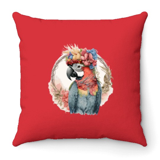 Colorful Parrot Watercolor Macaw Bird Flower Crown Throw Pillows