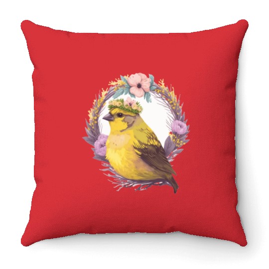Cute Watercolor Canary Bird Flower Crown Pet Birds Throw Pillows