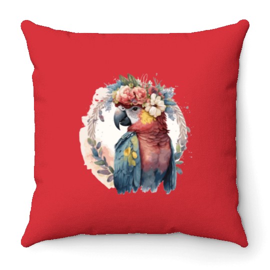 Watercolor Parrot Macaw Bird Flower Crown Pet Bird Throw Pillows