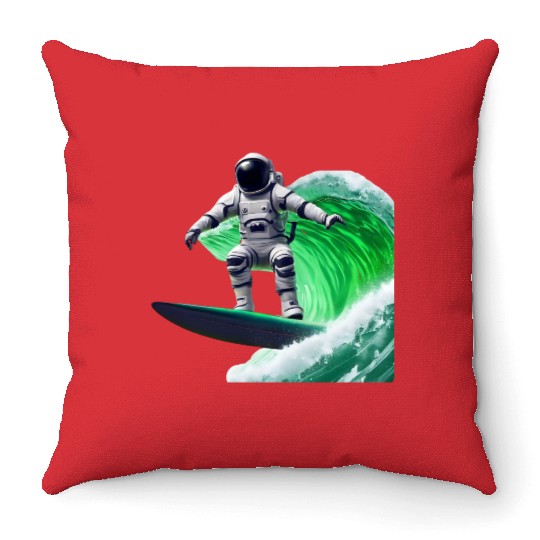 Green waves surfing astronaut Throw Pillows