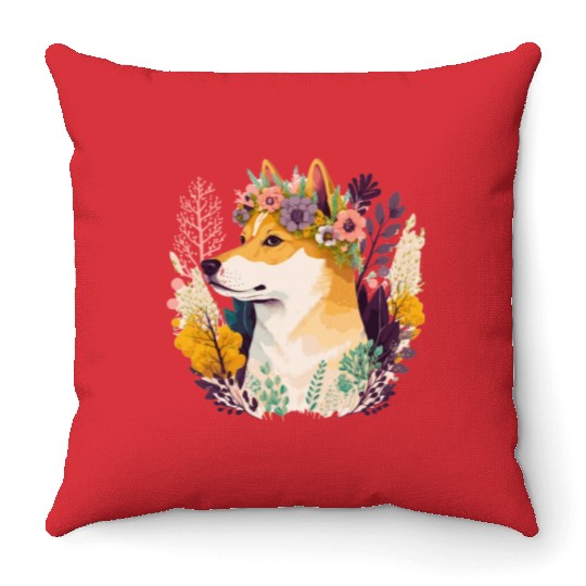 Cute Shiba Inu Flower Crown Pet Dog Breed Floral P Throw Pillows