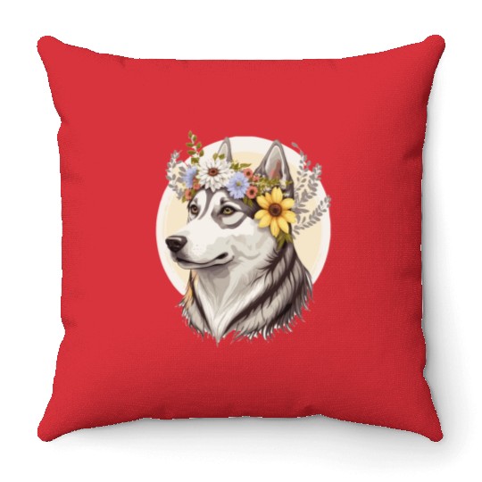 Cute Siberian Husky Flower Crown Pet Dog Breed Pup Throw Pillows
