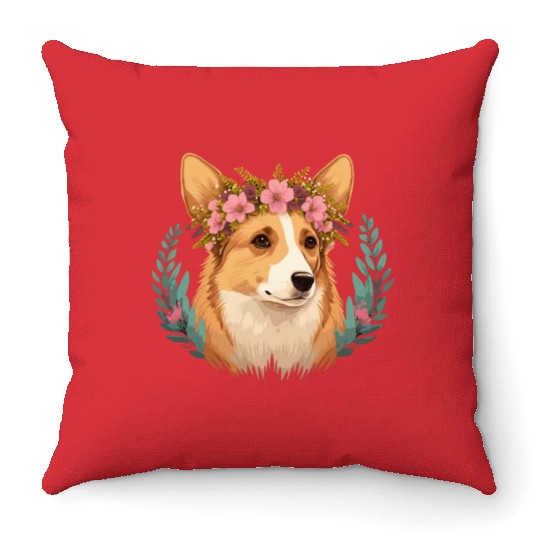 Cute Welsh Corgi Flower Crown Pet Dog Breed Floral Throw Pillows