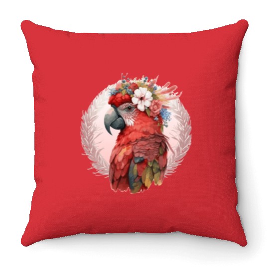 Red Scarlet Macaw Flower Crown Parrot Watercolor B Throw Pillows