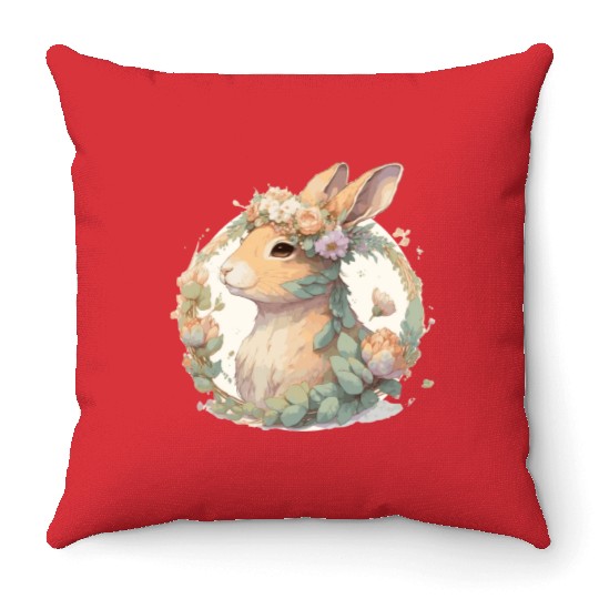 Cute Watercolor Flower Rabbit Chinese Zodiac Anima Throw Pillows