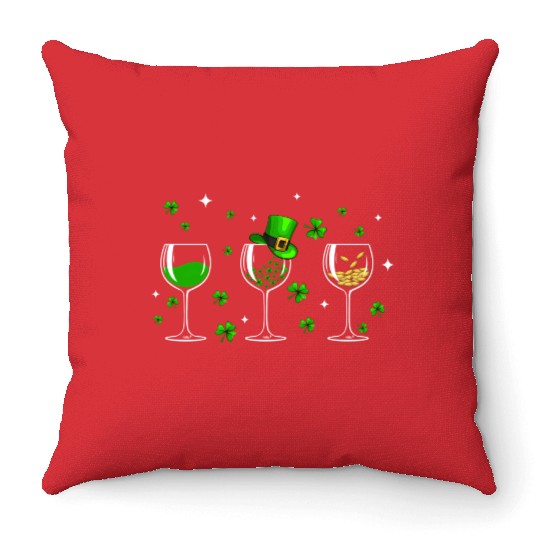 Three Wine Glasses Clover Shamrock St Patrick Day Throw Pillows