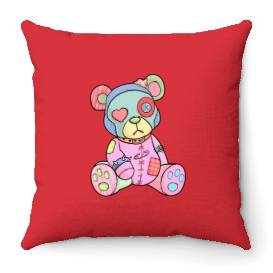 Pastel Goth Teddy Bear Japanese Anime Kawaii Menhe Throw Pillows