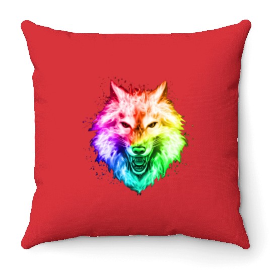 Bright Colorful Wolf Head – Rainbow Howling Wolf F Throw Pillows