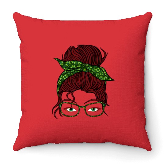 Mom Messy Bun St PatricDay Shamrock C Throw Pillows