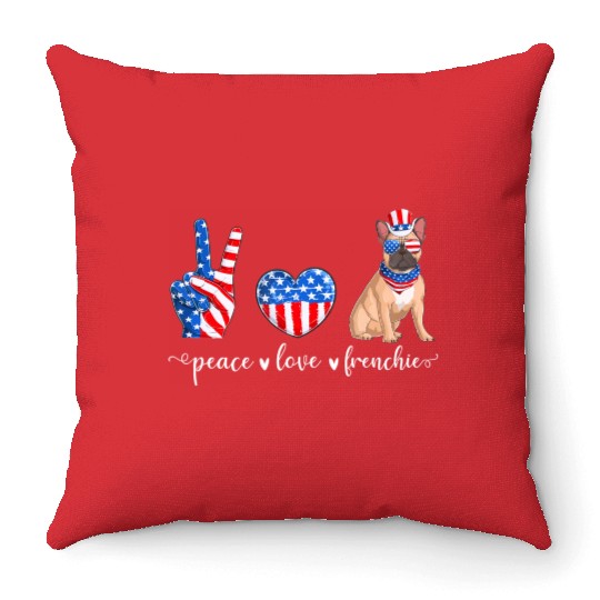 Peace Love Frenchie Patriotic US Flag 4th July Throw Pillows