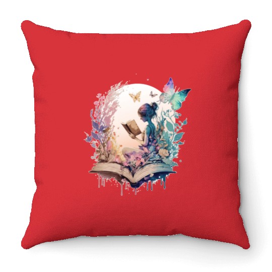 Cottagecore Watercolor Book Fairy Butterfly Librar Throw Pillows