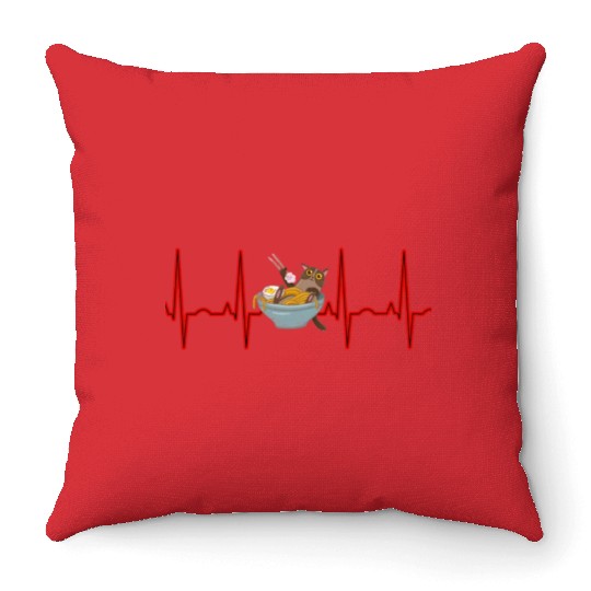 Kawaii Anime Cat Eating Ramen Noodles Otaku EKG Throw Pillows