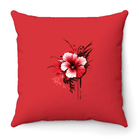 A red hibiscus flower ink drawing Throw Pillows